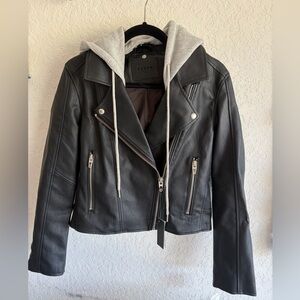 Blank NYC Black Leather Jacket with Gray Hoodie
